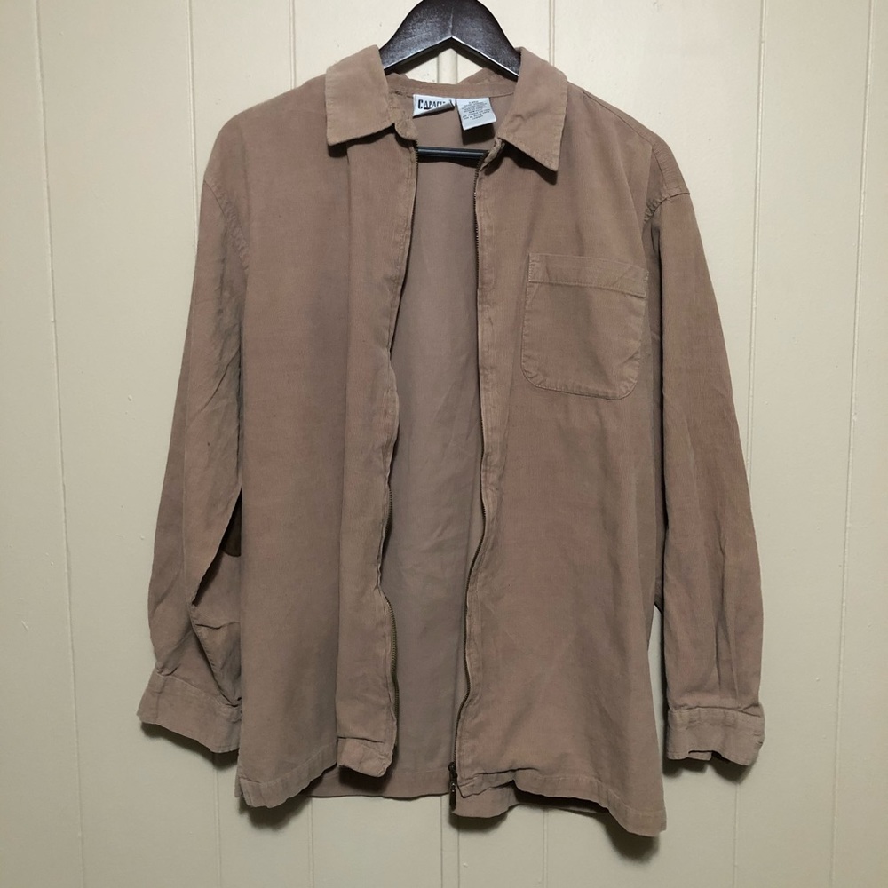 unisex tan collared zip-up jacket w/ elbow patches